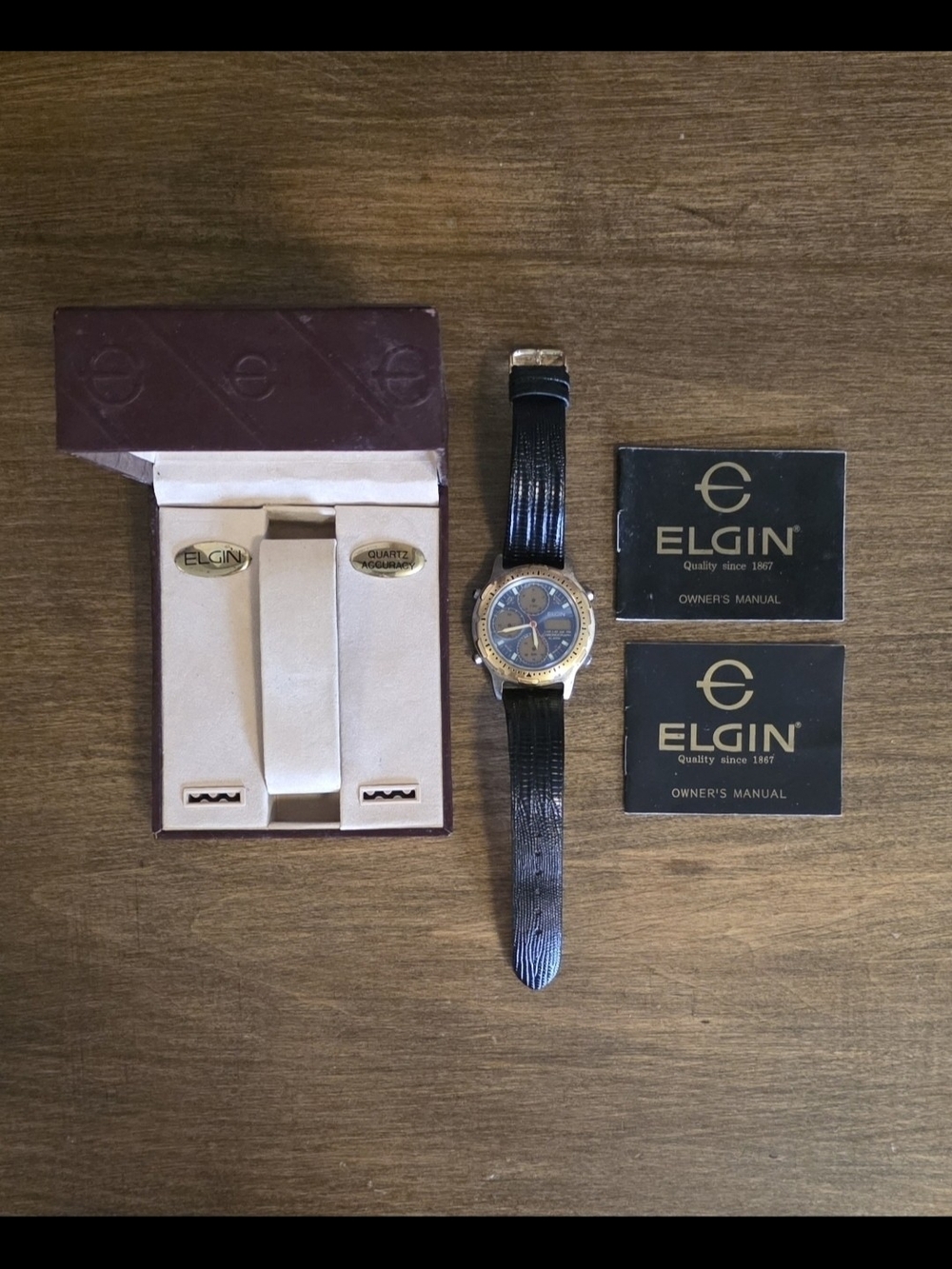 Elgin Ana-Digi Chronograph Alarm Quartz Watch/Complete Vintage Set